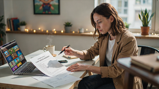 A client reading the terms and conditions of an explainer video production company