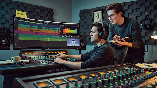 Audio engineers working on the sound of an explainer video