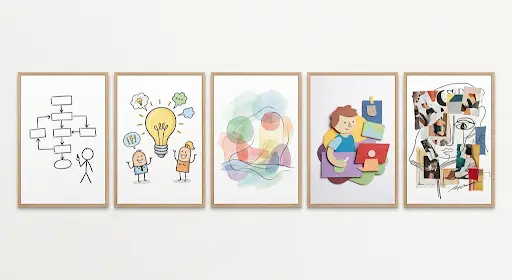 Five panels showing different whiteboard animation styles, from marker sketch to paper cutout