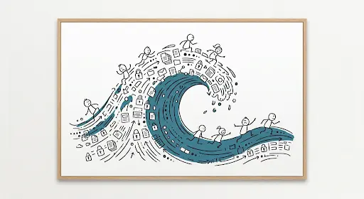 Hand-drawn figures swept along by a wave of data icons, a visual metaphor for abstract risk